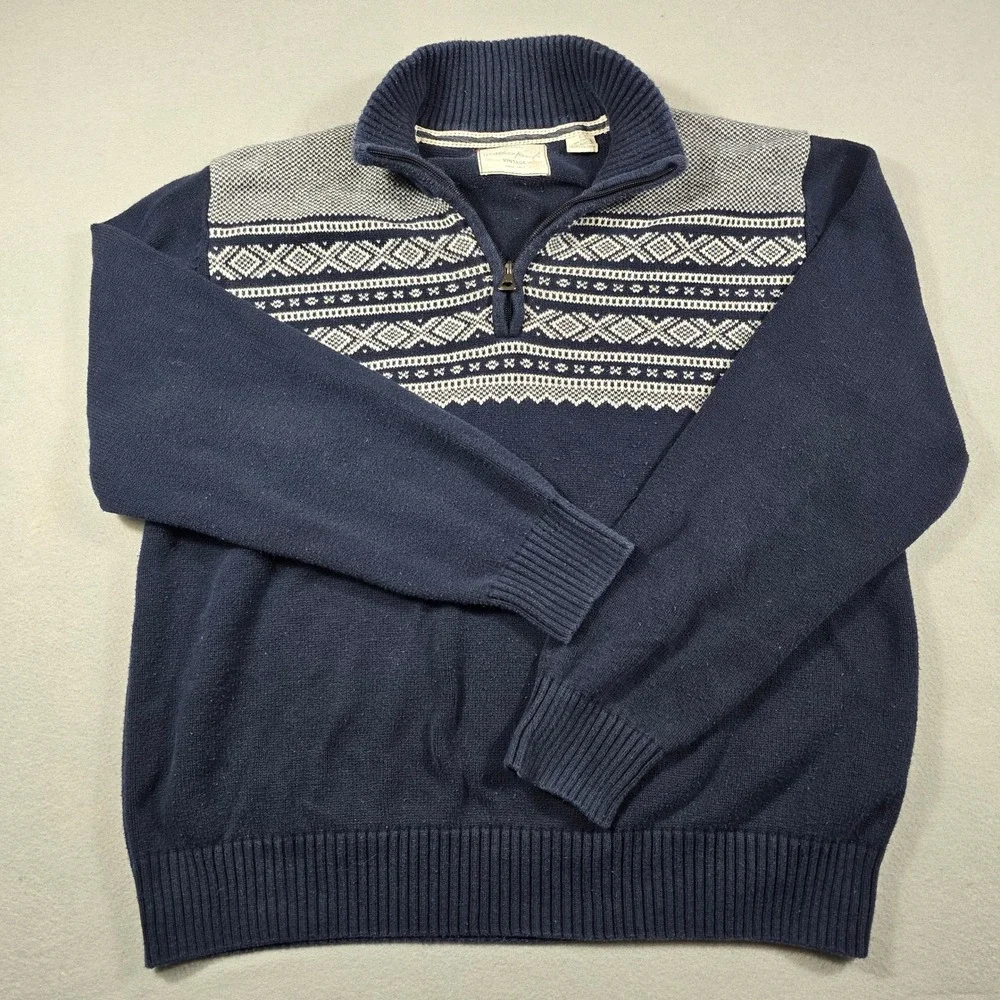 Weatherproof Mens Large Navy Blue Sweater Quarter Zip Fair Isle Cotton Pullover